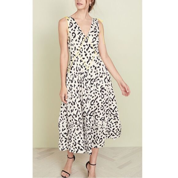 Self Portrait Embroidered Leopard Print Satin Jacquard Pleated Midi Dress Sz 4 - Picture 7 of 9